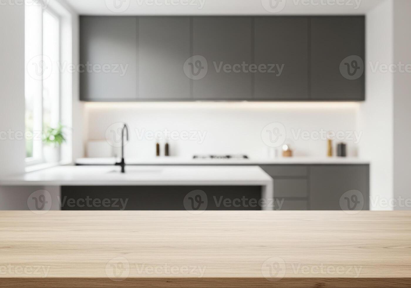 Wood table top and kitchen counter in a modern kitchen photo