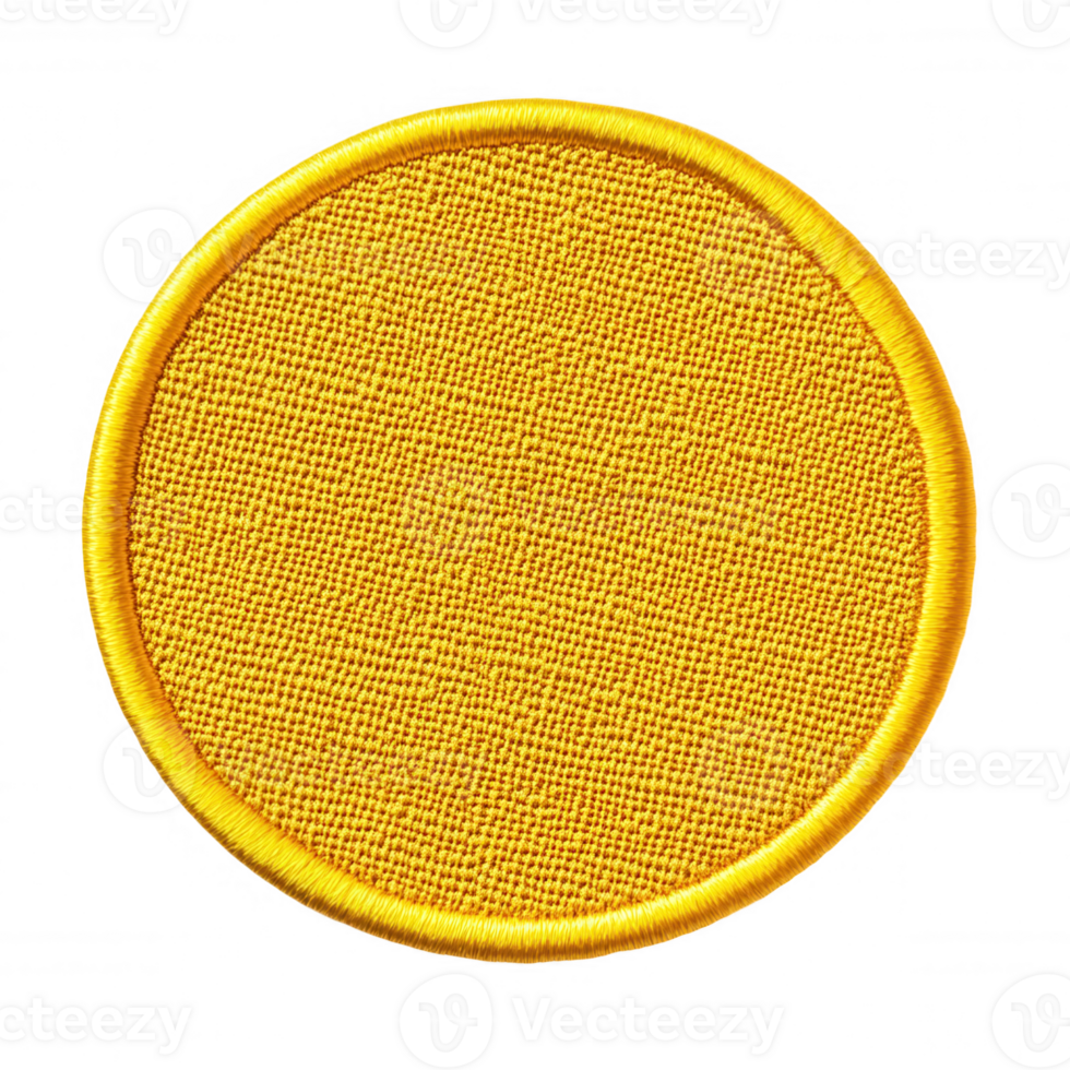 Close up gold circular cloth patch with overlocking, ready design custom for or logo placement against transparent background, featuring clean stitching edges png