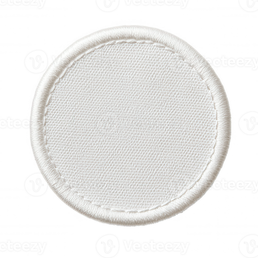 Close ready white circular cloth patch with overlocking, up for custom design or logo placement against transparent background, featuring clean stitching edges png
