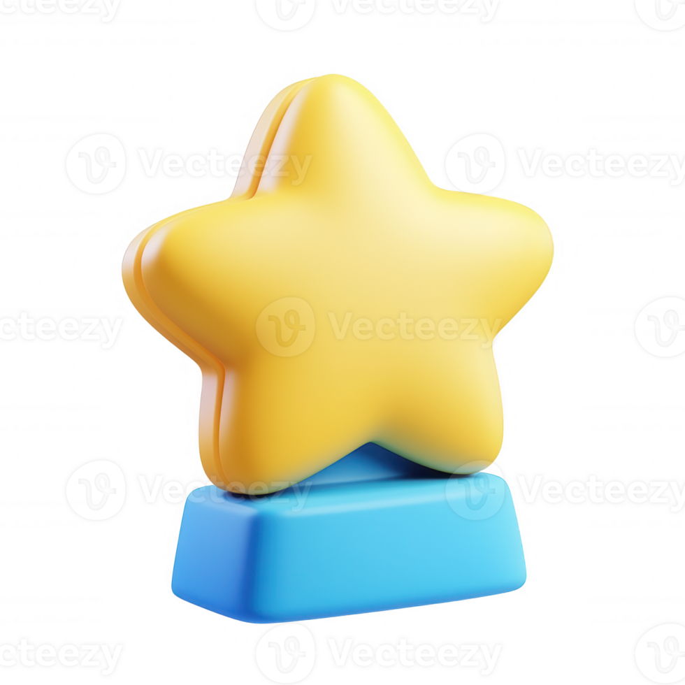 Golden 3d icon star trophy winner sitting on blue pedestal, symbolizing achievement, highlighting success against transparent background png