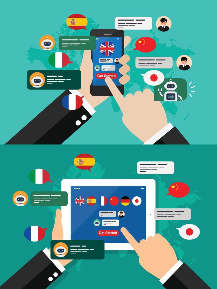 Learning of different foreign languages through smartphone or tablet vector