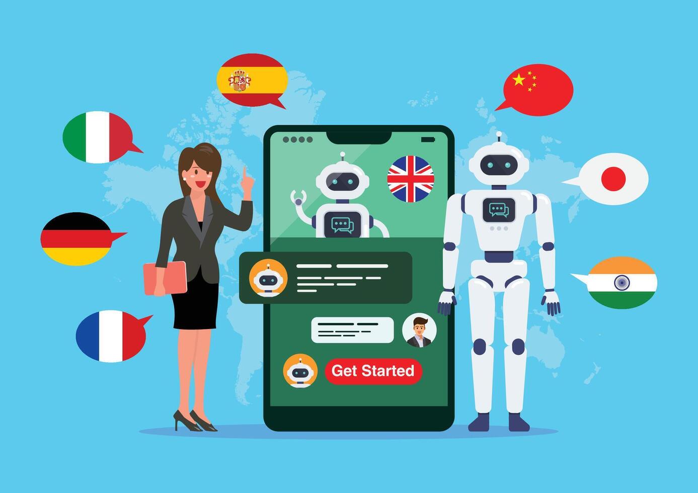 Business woman is learning different foreign languages with chat bot vector