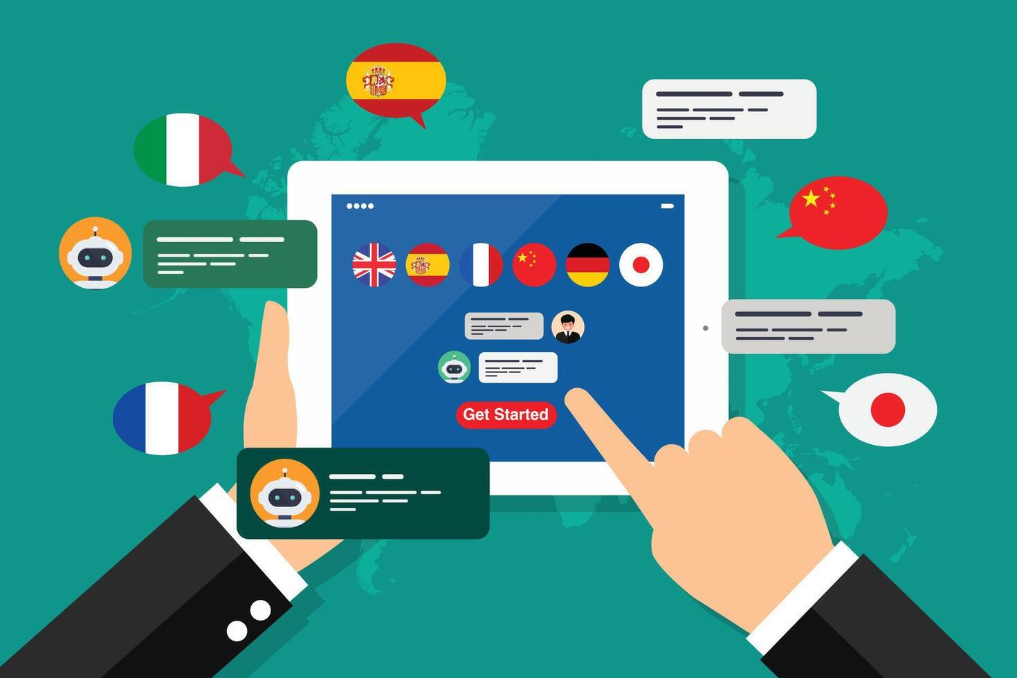 Learning of different foreign languages through the tablet in the hand vector