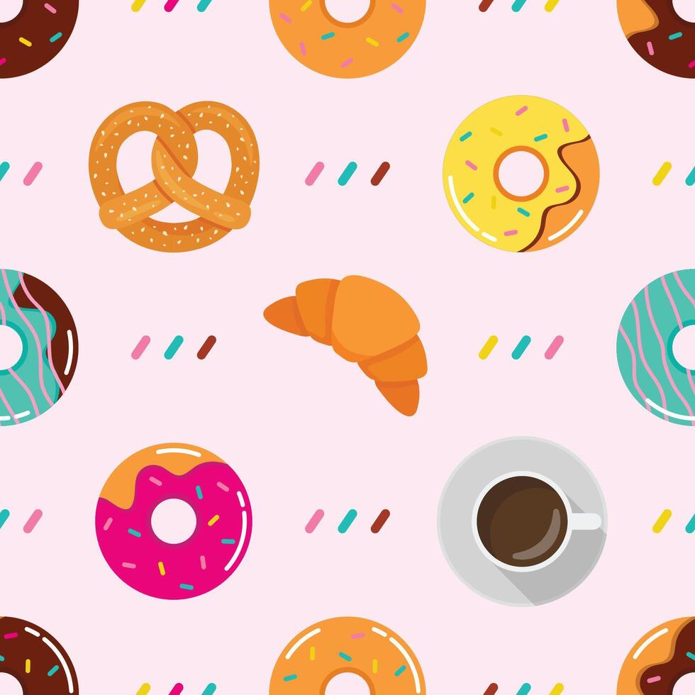 Seamless pattern of multicolored snacks. Croissant Pretzel and donuts. vector