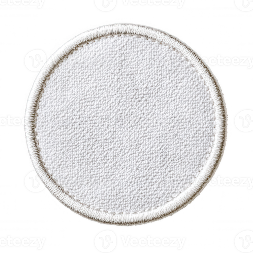 Close up white circular cloth patch with overlocking, ready for custom design or logo placement against transparent background, featuring clean stitching edges png