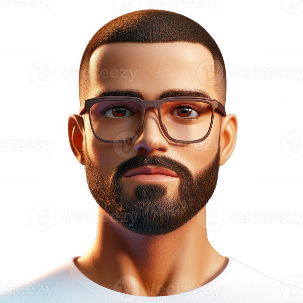 Realistic 3d people of a man with glasses and a beard against a transparent background, ideal for various design projects png