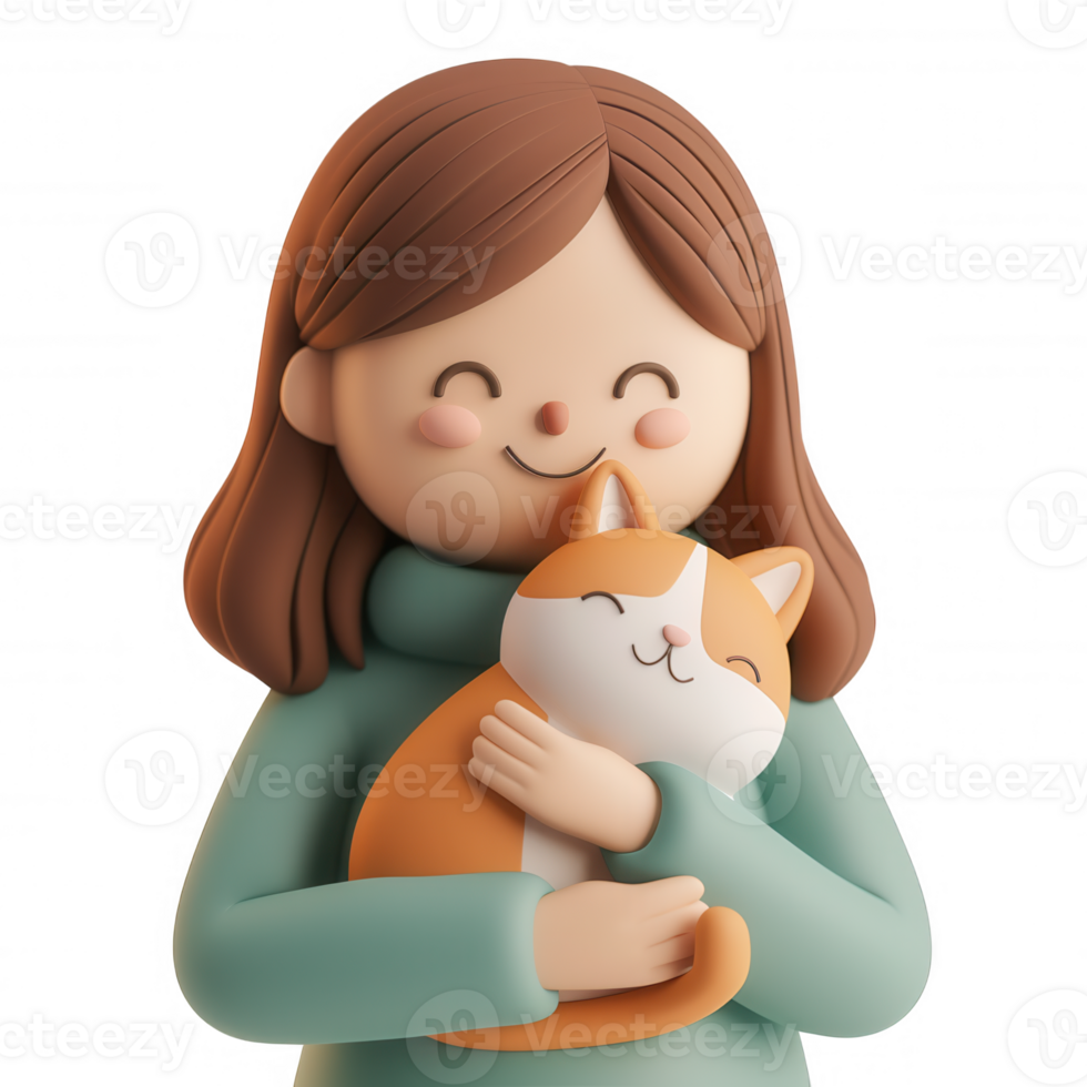 3d pure smiling girl tenderly embracing relaxed cat, sharing joyful connection against clear backdrop of icon affection png