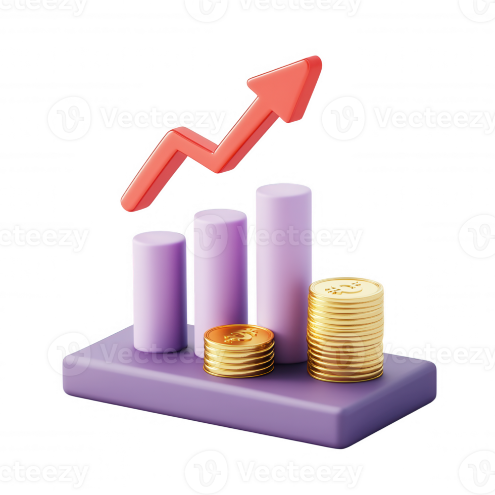 3d ícone ilustração apresentando a aumentando lucro gráfico com ouro moeda pilhas e uma Aumentar vermelho seta, simbolizando finança crescimento png