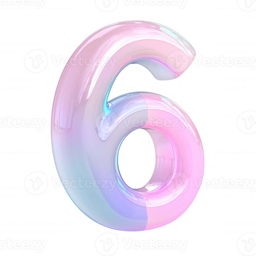 pink icon Glossy 3d blue numeral six with iridescent shimmer, elegantly rendered against transparent backdrop for graphic design needs png