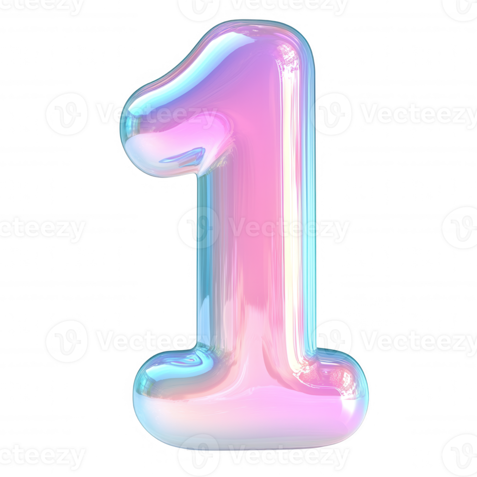 3d icon Holographic pink numeral one glowing with iridescent shimmer against transparent backdrop png