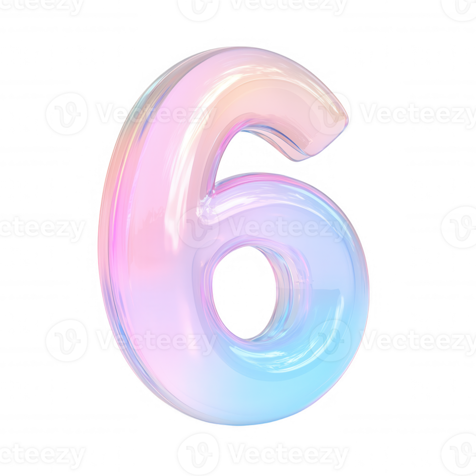 3d icon Glossy pink blue numeral six elegantly iridescent shimmer, with rendered against transparent backdrop for graphic design needs png