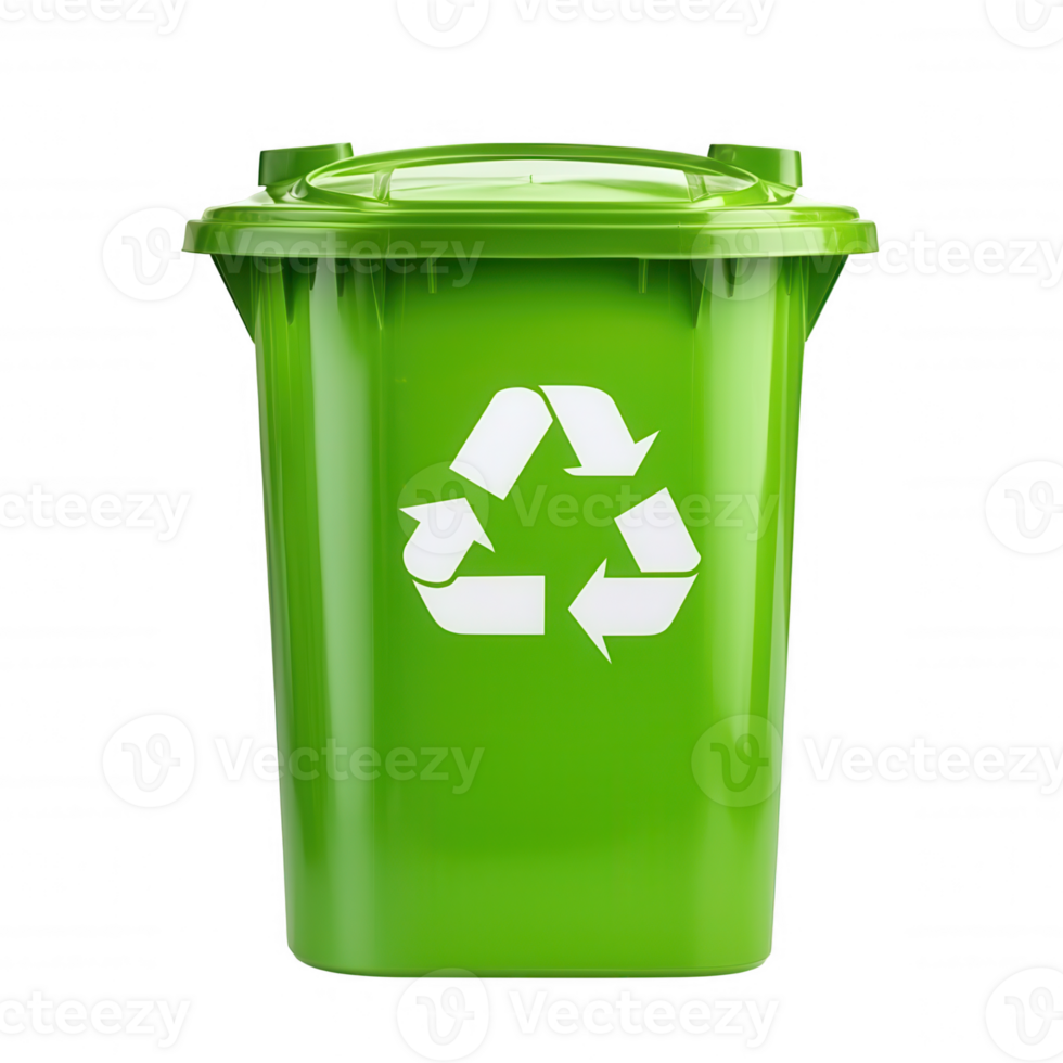 Green recycling bin with recycle symbol promoting environmental sustainability, transparent waste and eco conscious practices on sorting, background png