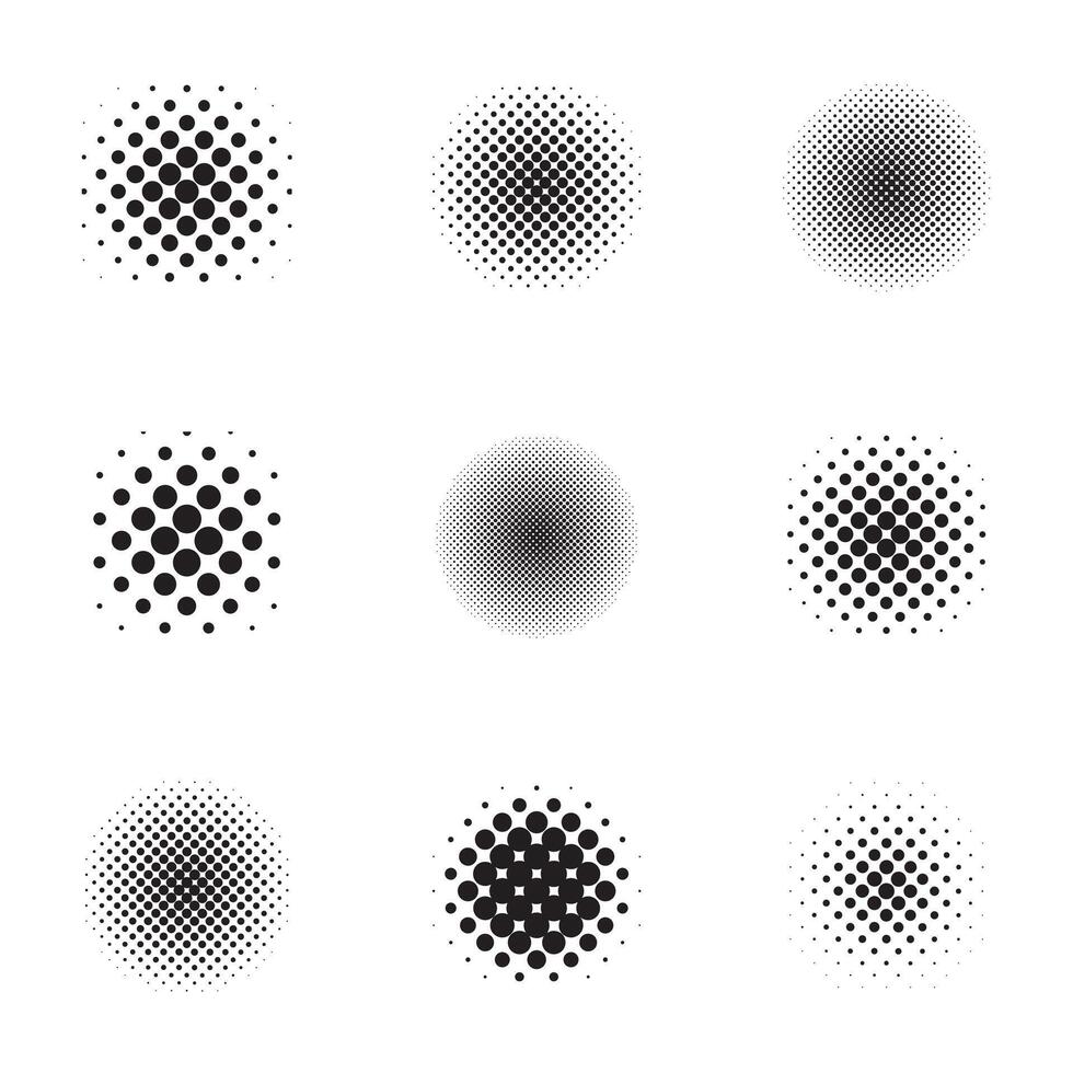 Circle halftone collection. Round black gradient halftone dots elements. vector