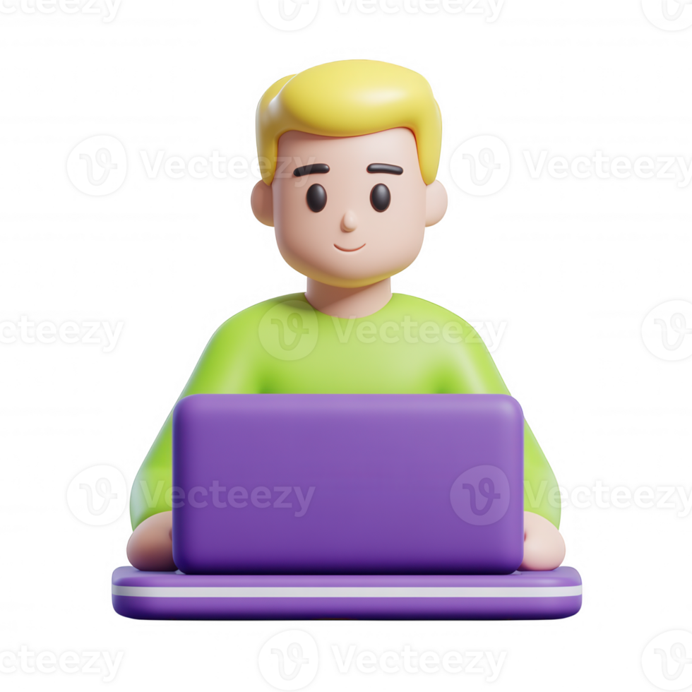 3d icon of student or worker user studying using laptop, isolated on background transparent png
