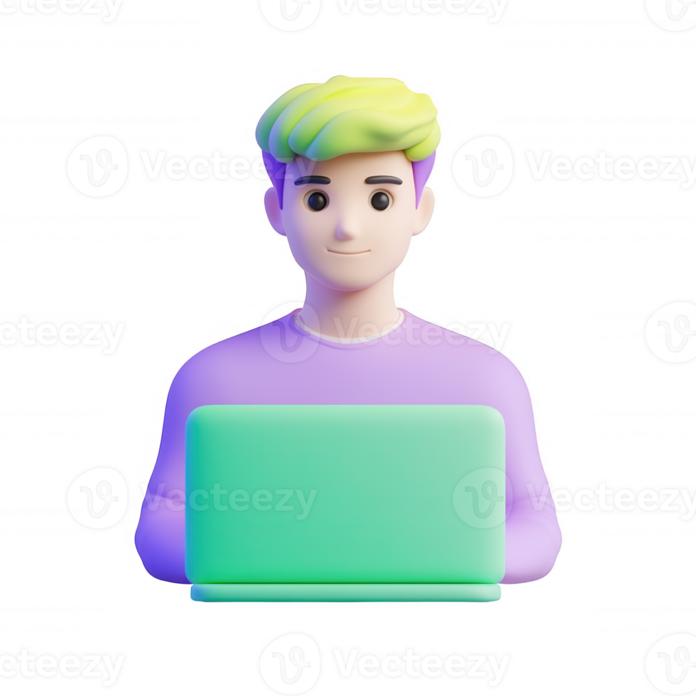 transparent icon of student or 3d user studying using laptop, isolated on worker background png