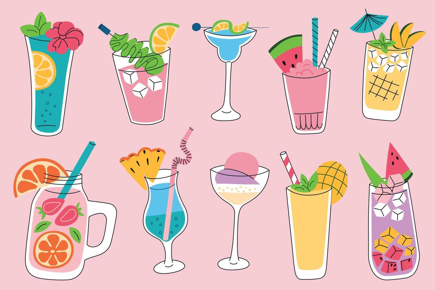 Bright illustration of summer cocktails in glassware with fruits, ice, straws. Mocktails icons in flat cartoon style, tropical watermelon, mango drinks for summer design and beverage themes vector