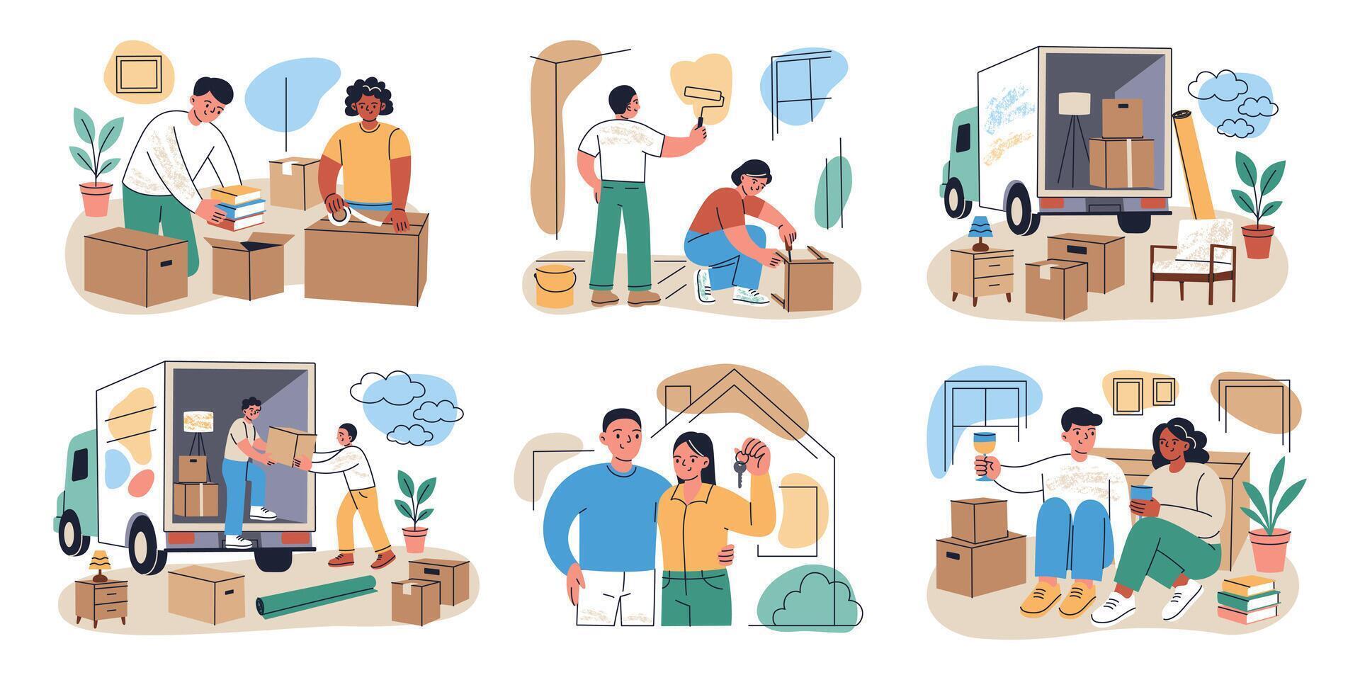 Collection of flat cartoon scenes about moving into new home or apartment. People packing boxes, loading truck, holding keys, relocation and home renovation illustrations set, furniture icons vector