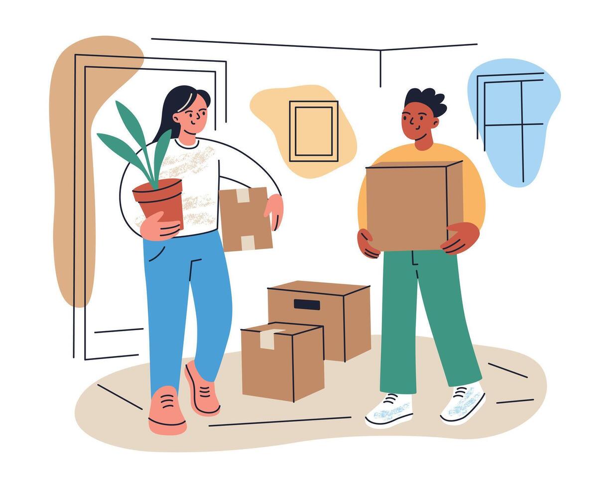 flat cartoon illustration of moving day. People carry personal belongings in hands. Woman and man holding flowerpot and boxes. Home interior and unpacked items, moving to new home vector