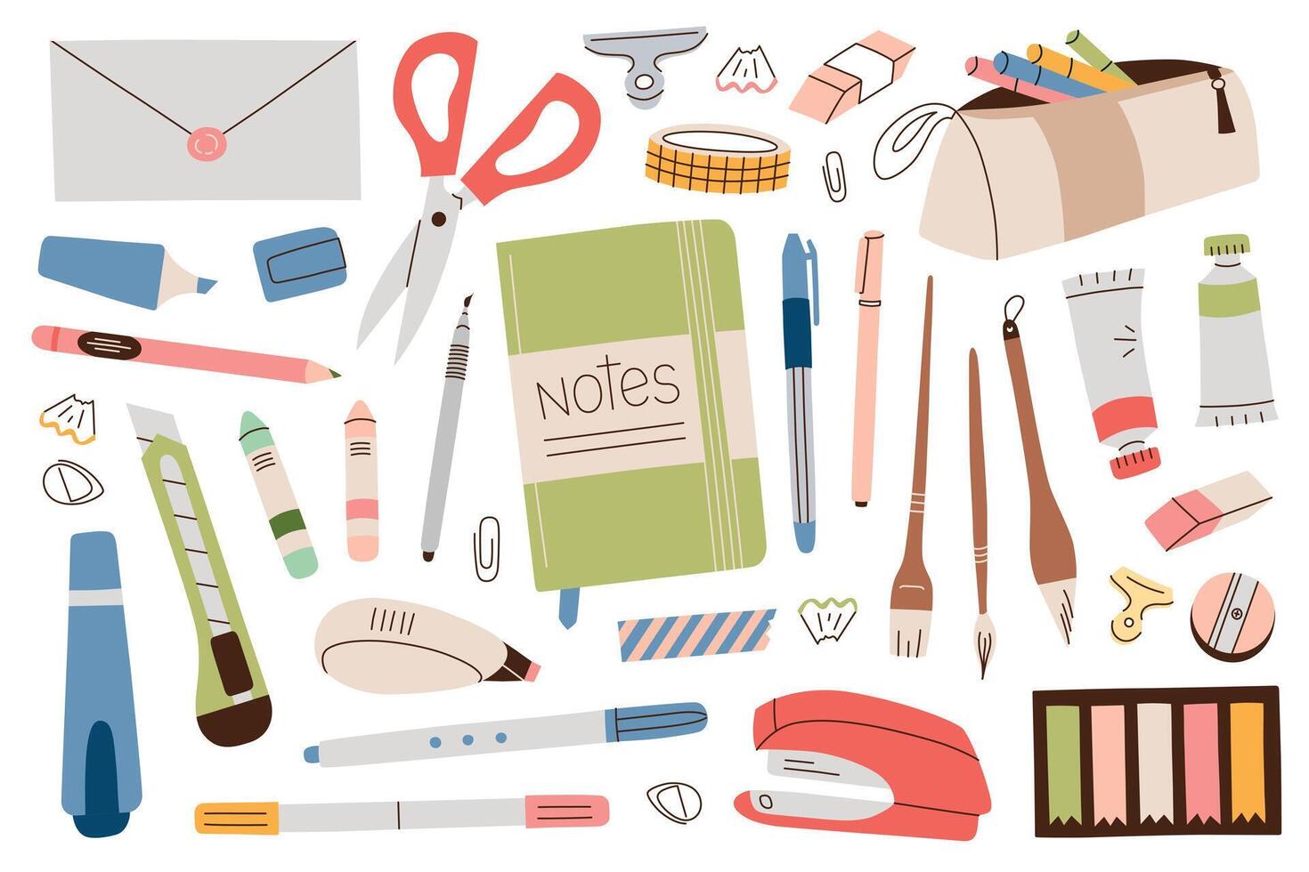 illustrations set with school and office supplies. Stationery collection with pens, pencils, notebook, flat cartoon icons for studying, writing, organizing daily tasks and creative work vector