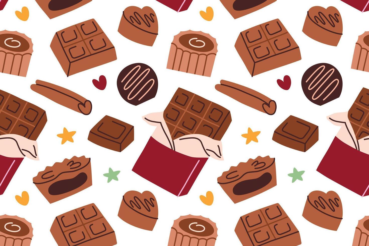 Vibrant pattern with chocolates and candies, colorful wrappers illustrations, pieces of chocolate bars, candies with glaze in different shapes, cinnamon stick. Background for sweet food designs vector