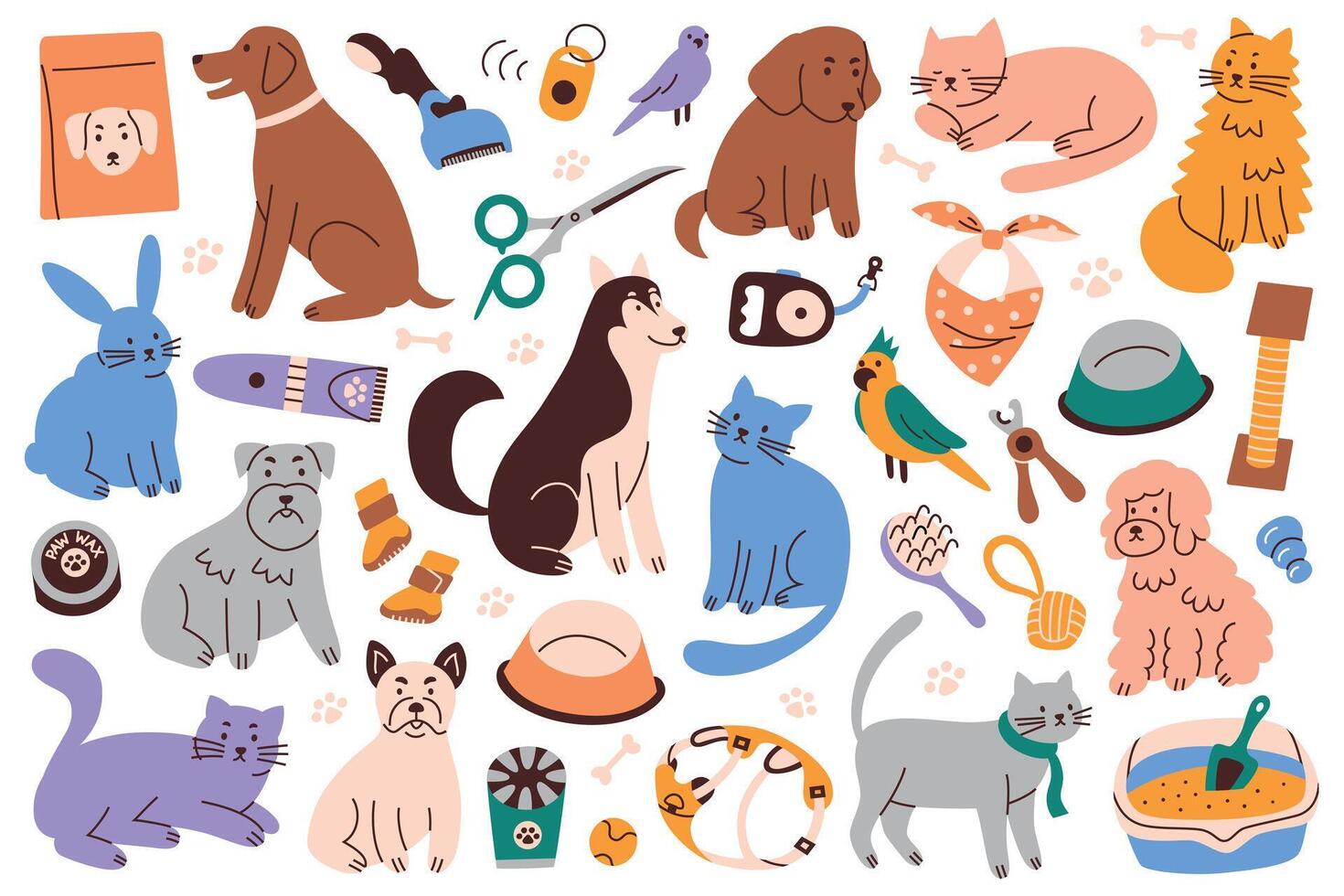 Flat cartoon collection of pets and items for pet home care. Dogs, cats and parrots with grooming tools and supplies. Daily hygiene, feeding, walking and playing accessories illustrations set vector