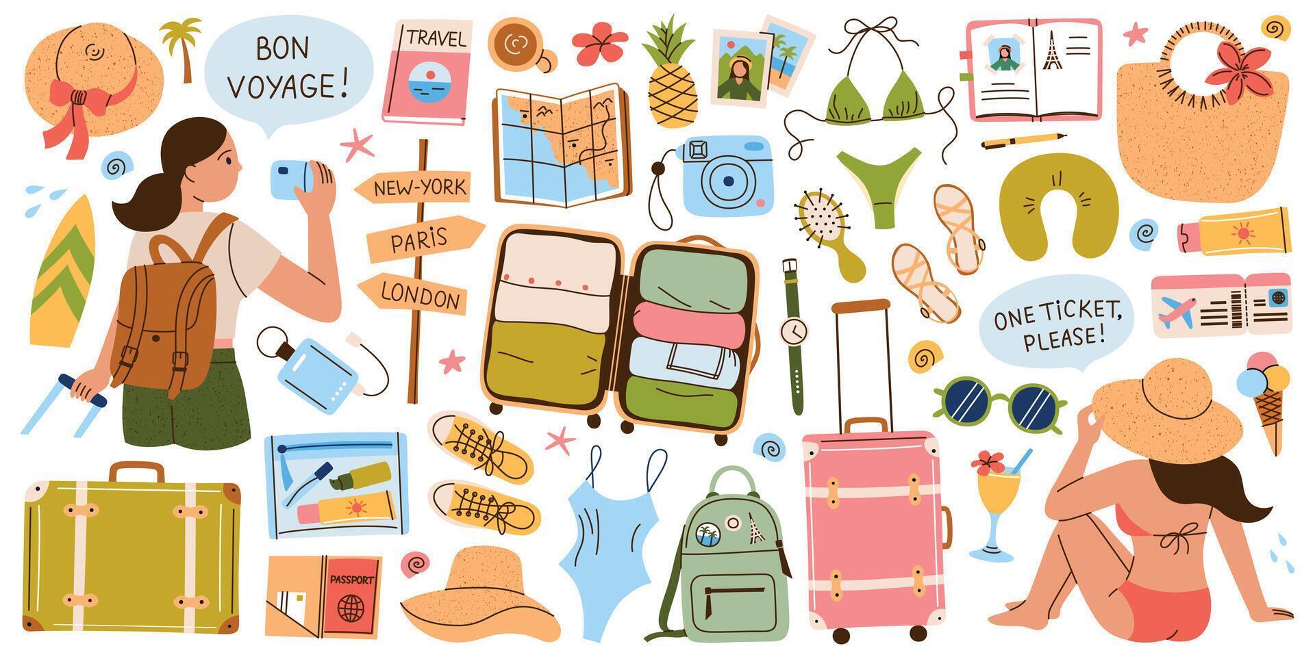 Summer set of flat cartoon illustrations on womens travel and solo vacation theme. Stylish girls with suitcase, vintage luggage, maps, camera, flight accessories, resort essentials collection vector