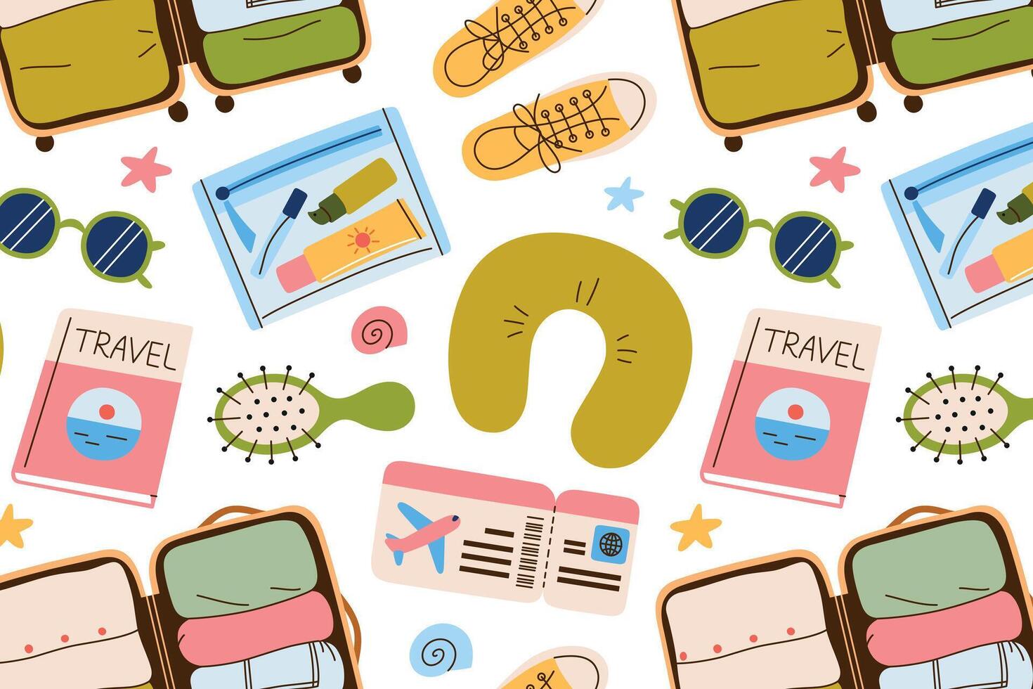 flat cartoon seamless pattern with female travel items. Open suitcase, traveling book, airplane ticket, beauty bag, stylish sneakers, plane pillow. Bright vacation background with doodle icons vector