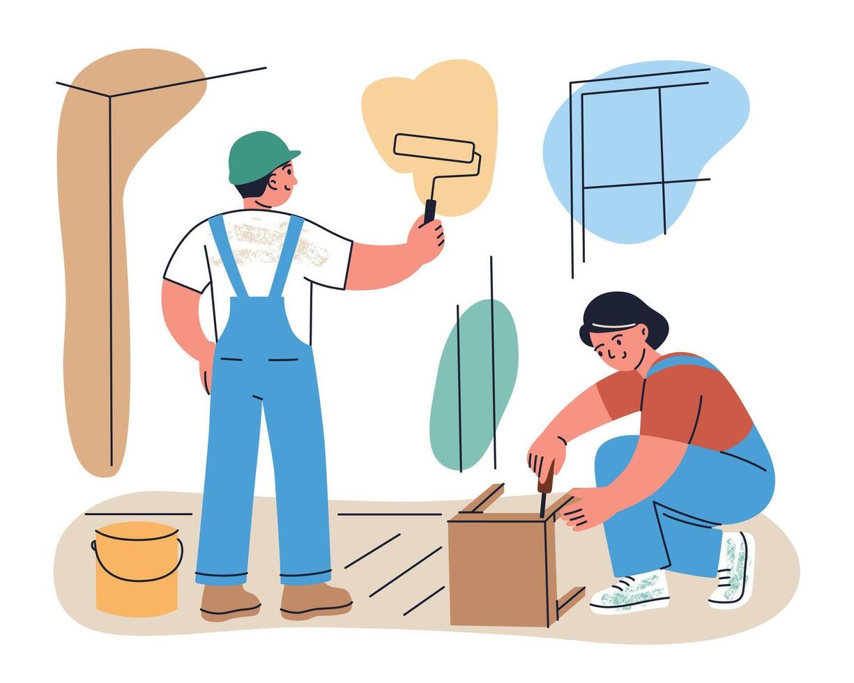 Flat cartoon illustration of man and woman preparing new home for moving in, illustration of handymen painting walls, assembling furniture, making renovations in house or apartment vector