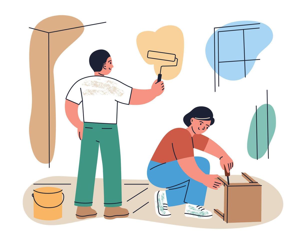 cartoon scene about preparing home for moving in. Man paints walls, woman assembles furniture. Flat illustration of home renovation, setup before moving, relocation planning, apartment interior vector