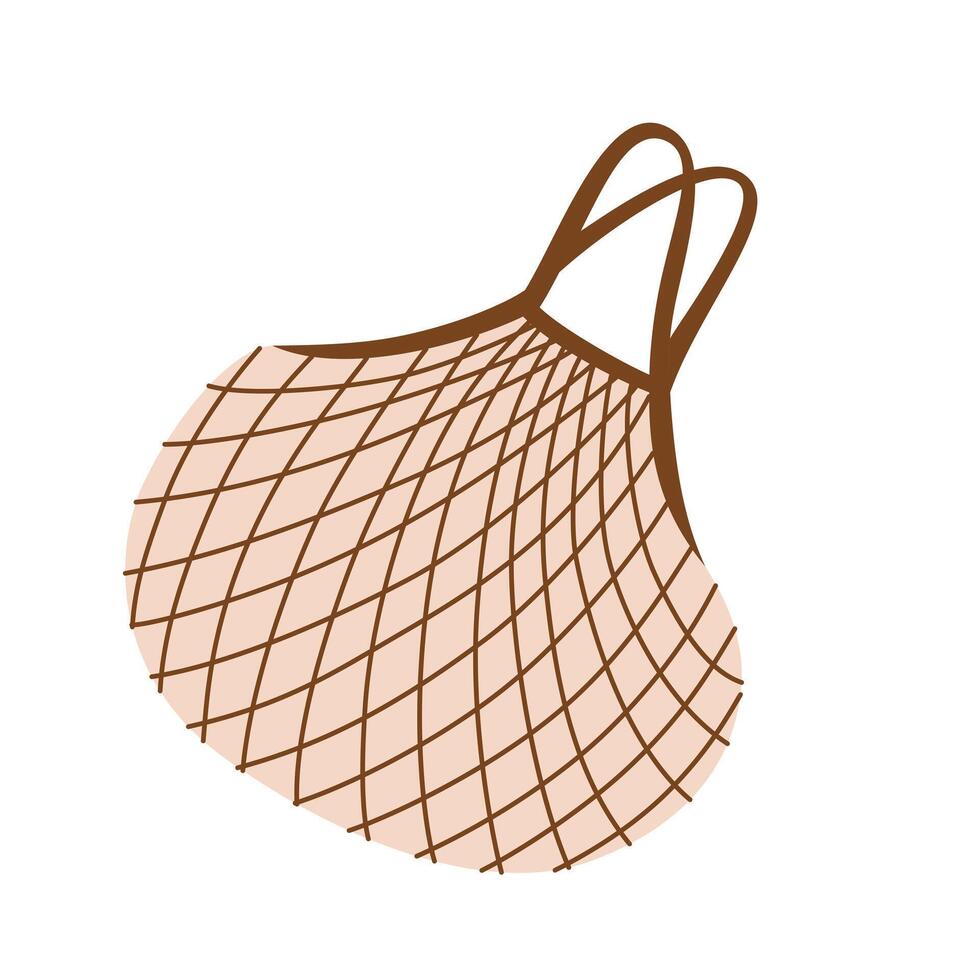 cartoon illustration of mesh shopping bag. Eco friendly reusable net bag for groceries and everyday purchases. Zero waste lifestyle icon, sustainable shopping, and conscious consumption vector