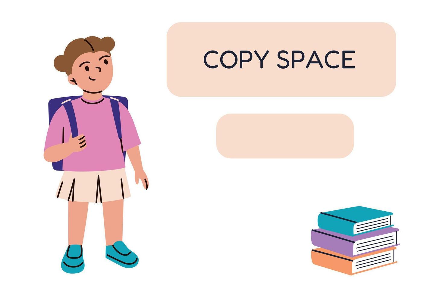 Flat cartoon template with copy space for childrens educational designs and school websites. School girl illustration with backpack looking at text area. Learning, study and kids projects vector
