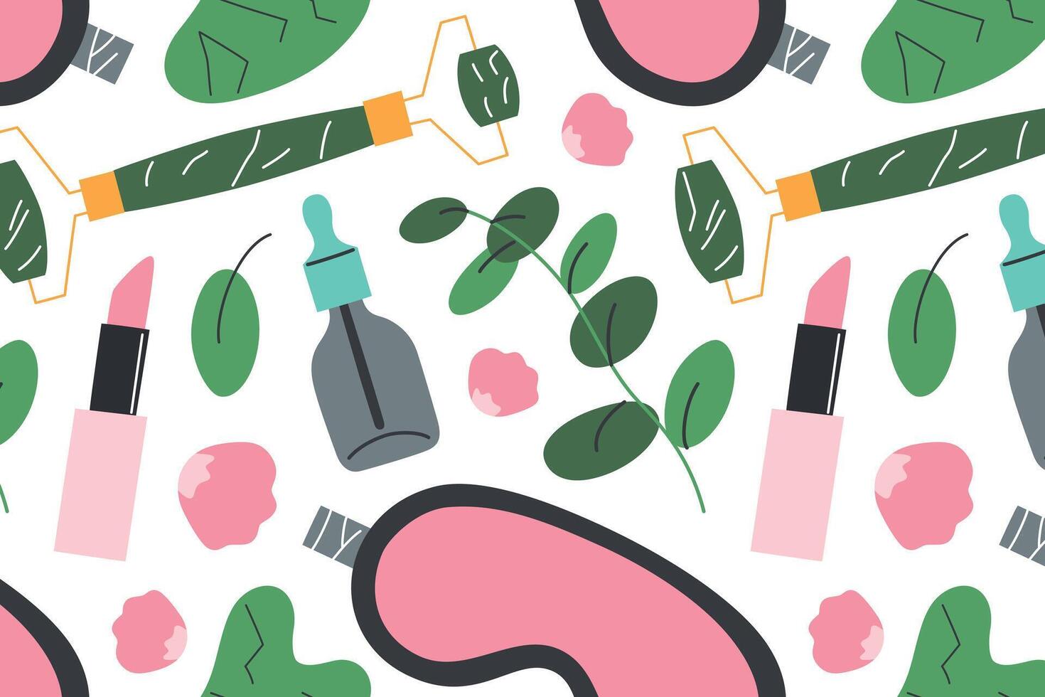 Flat cartoon pattern on womens self care with sleep mask, lipstick, serum, gua sha stone, jade roller, rose petals and eucalyptus leaves. Concept of beauty, skincare, wellness and feminine rituals vector