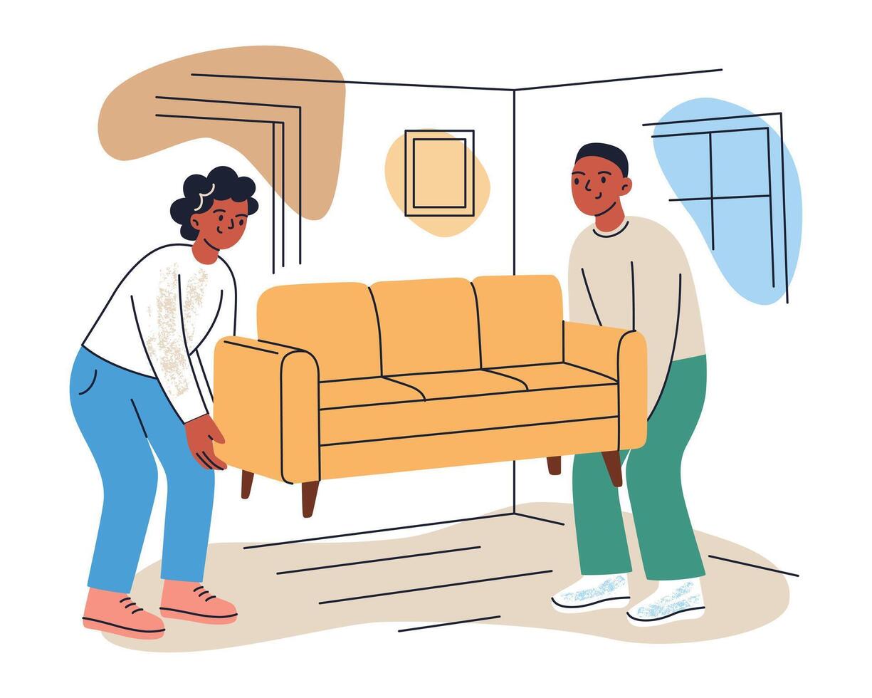 illustration of people carrying sofa while moving into new home. Man and woman furnishing room during relocation, flat cartoon composition. Theme of moving, new house, home setup vector