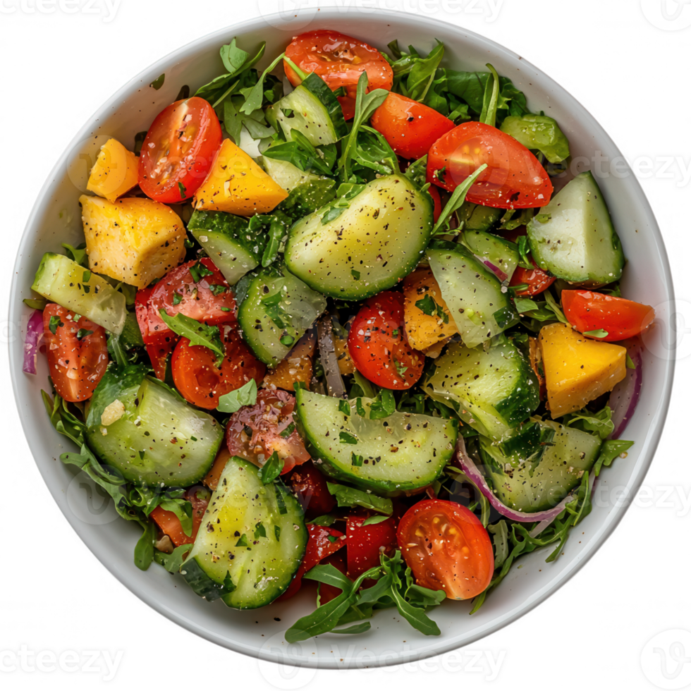 Healthy fresh salad with cucumber, tomatoes, mango, arugula and spices in a white bowl, isolated on transparent background, perfect for healthy eating and lifestyle concepts png
