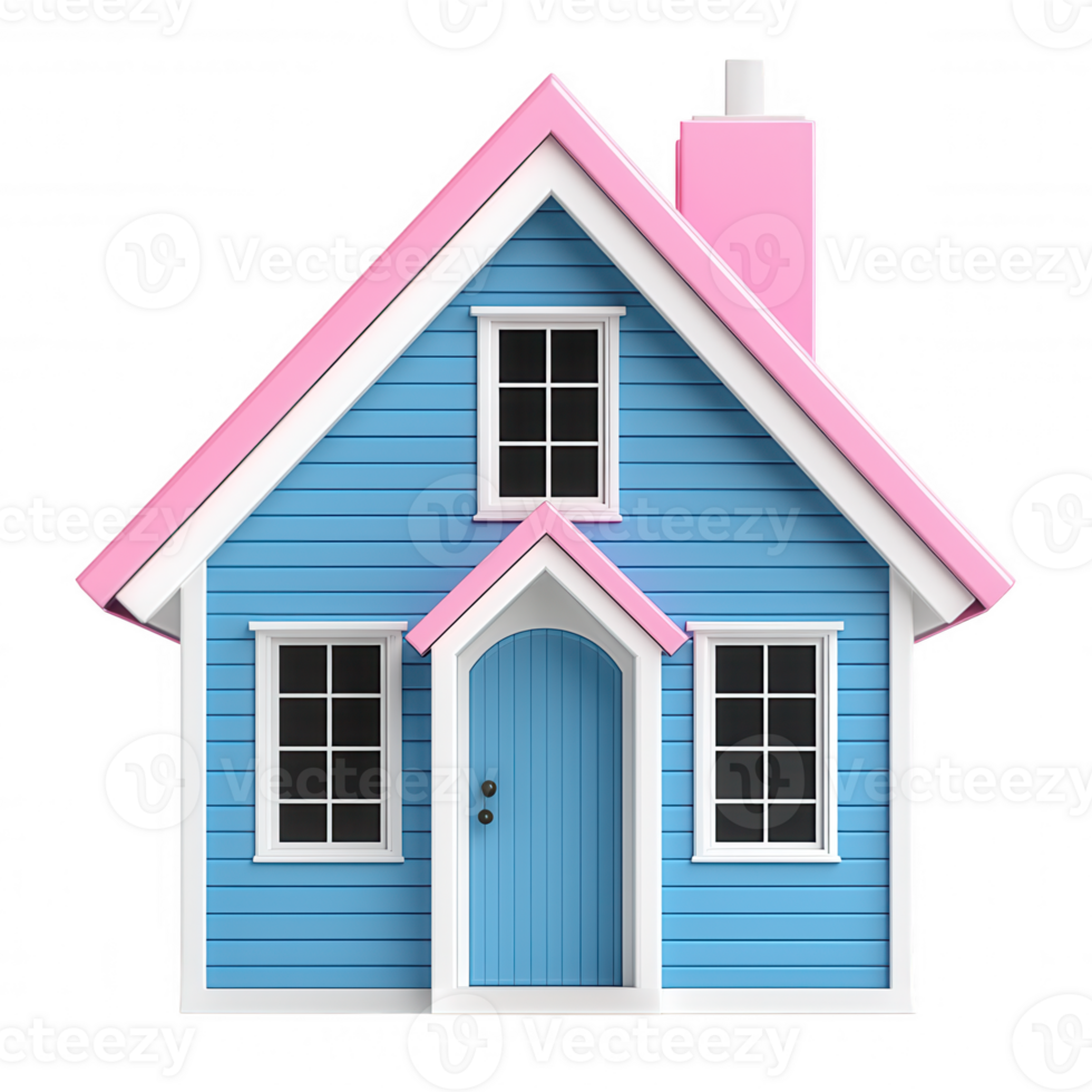 3d miniature blue pink house, transparent background, symbolizing real estate, housing market, mortgage concepts, soft pastel colors png