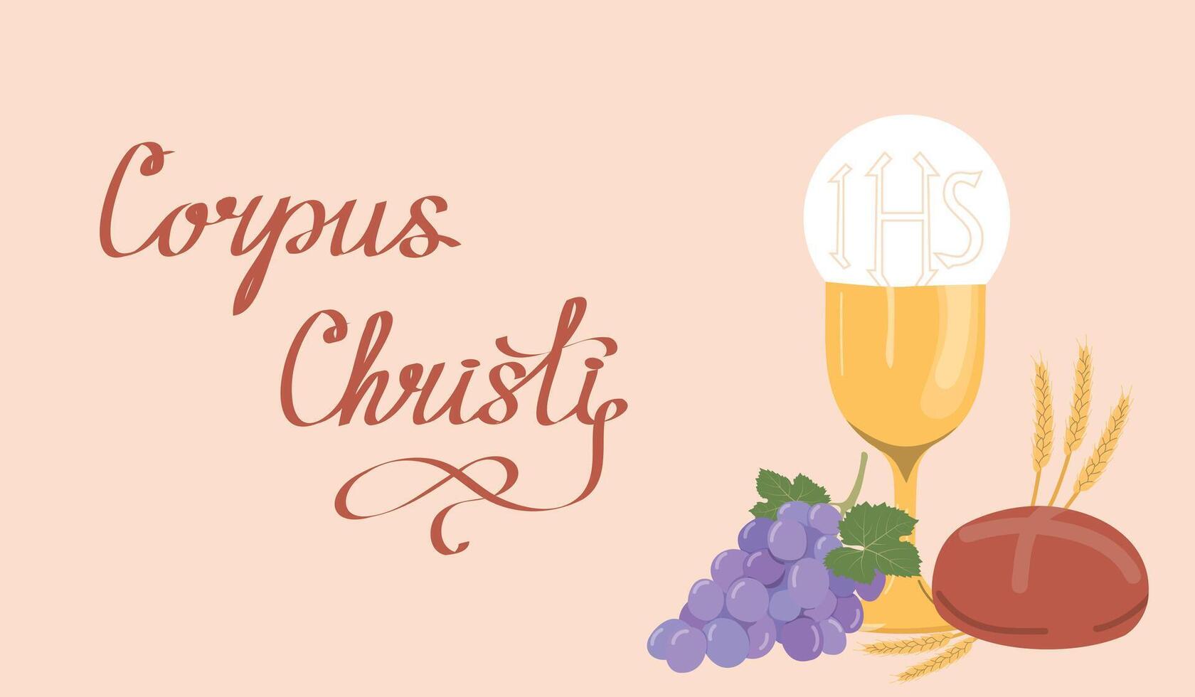 Corpus Christi bannerwith bread, grapes, wheat vector