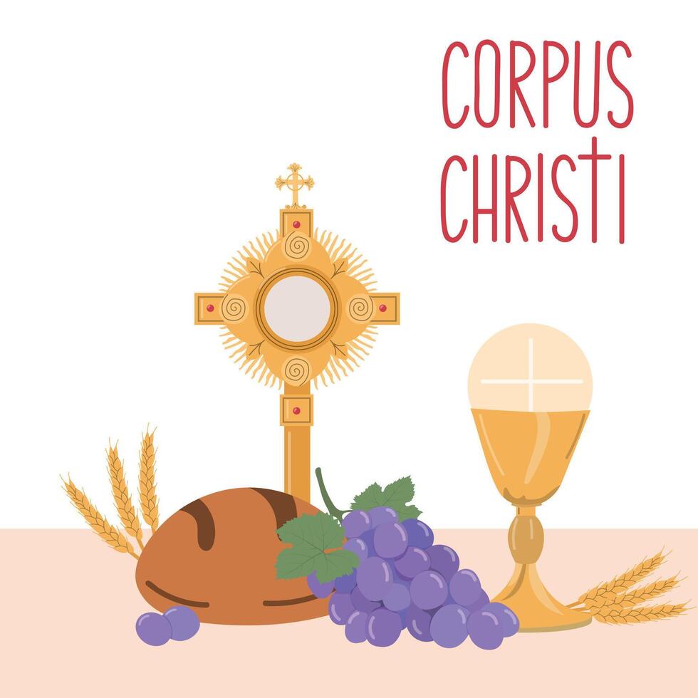 Corpus Christi Catholic Religious Holiday Illustration with Feast Day, Cross, Bread and Grapes in Flat style vector