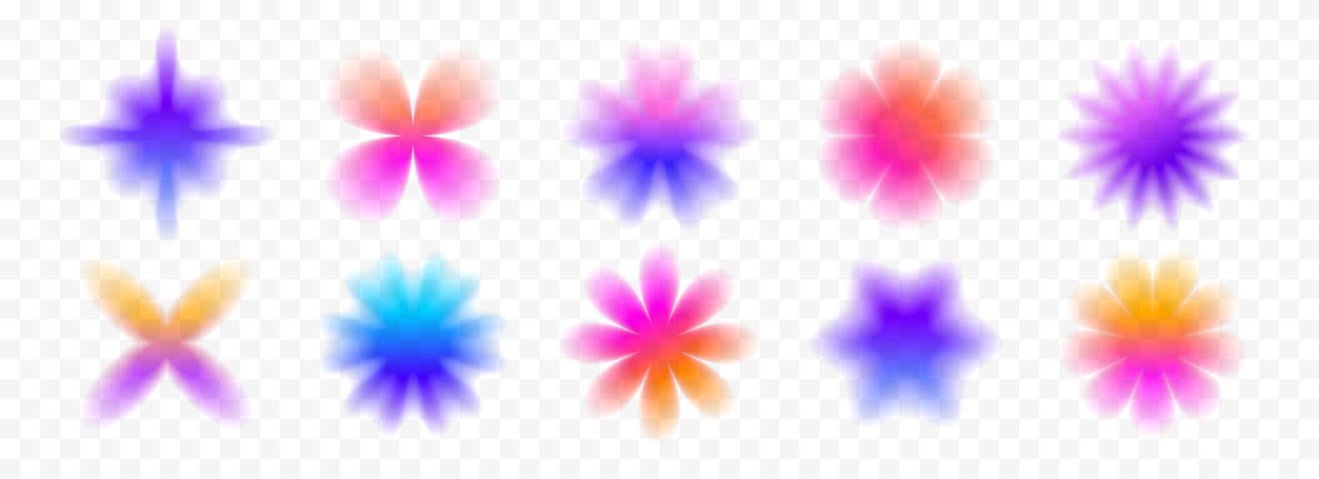 Colorful blurred gradient flowers collection. Bright blurry floral aura shape set. Fading abstract elements for poster, template, badge, sticker, collage. Iridescent smooth flower pack vector