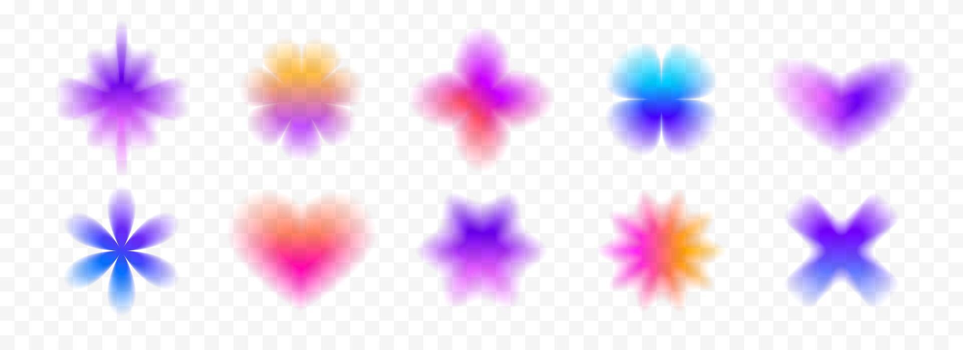 Colorful blurred gradient flowers and hearts collection. Bright blurry aura shape set. Fading abstract elements for poster, template, badge, sticker, collage. Iridescent smooth flower pack vector