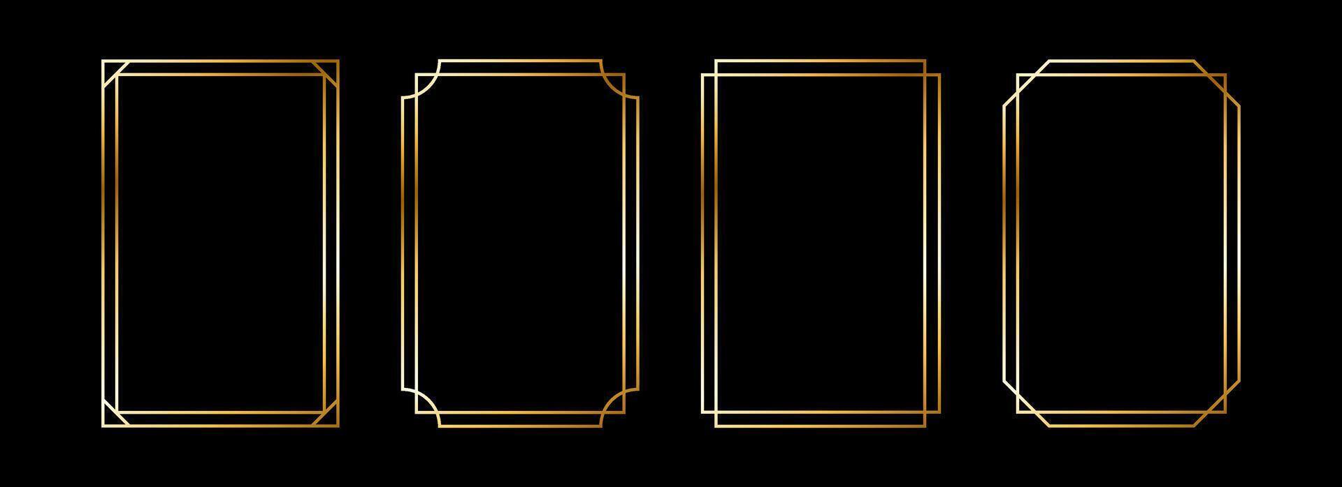 Thin metallic rectangle frame set. Shiny gold foil border collection. Golden glowing geometric boarder bundle in art deco style. Rectangular element pack for photo, cadre, card, emblem, label. vector