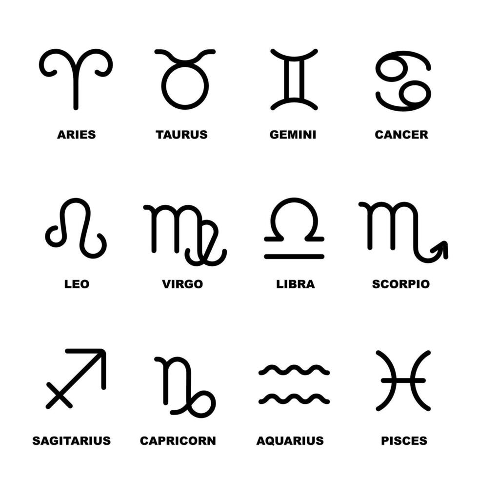 Zodiac signs set. Isolated horoscope zodiac symbols Aries, Taurus, Gemini, Cancer, Leo, Virgo, Libra, Scorpio, Sagittarius, Capricorn, Aquarius, and Pisces. Zodiac astrology vector