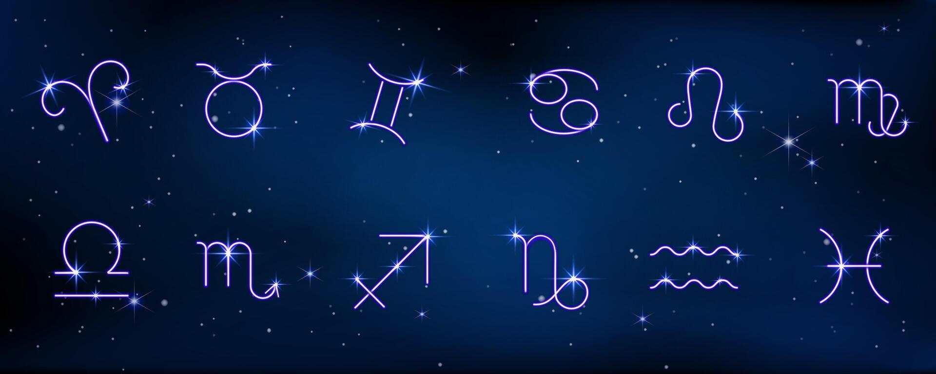 Futuristic set of 12 zodiac signs symbols in glowing style on dark blue background vector