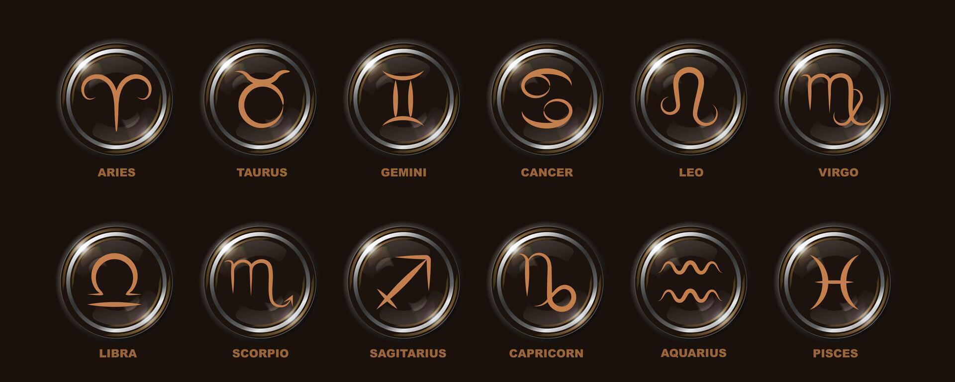 Twelve zodiac signs as round icons, gold monochromatic color on dark background, set. Symbols with names for horoscope. vector