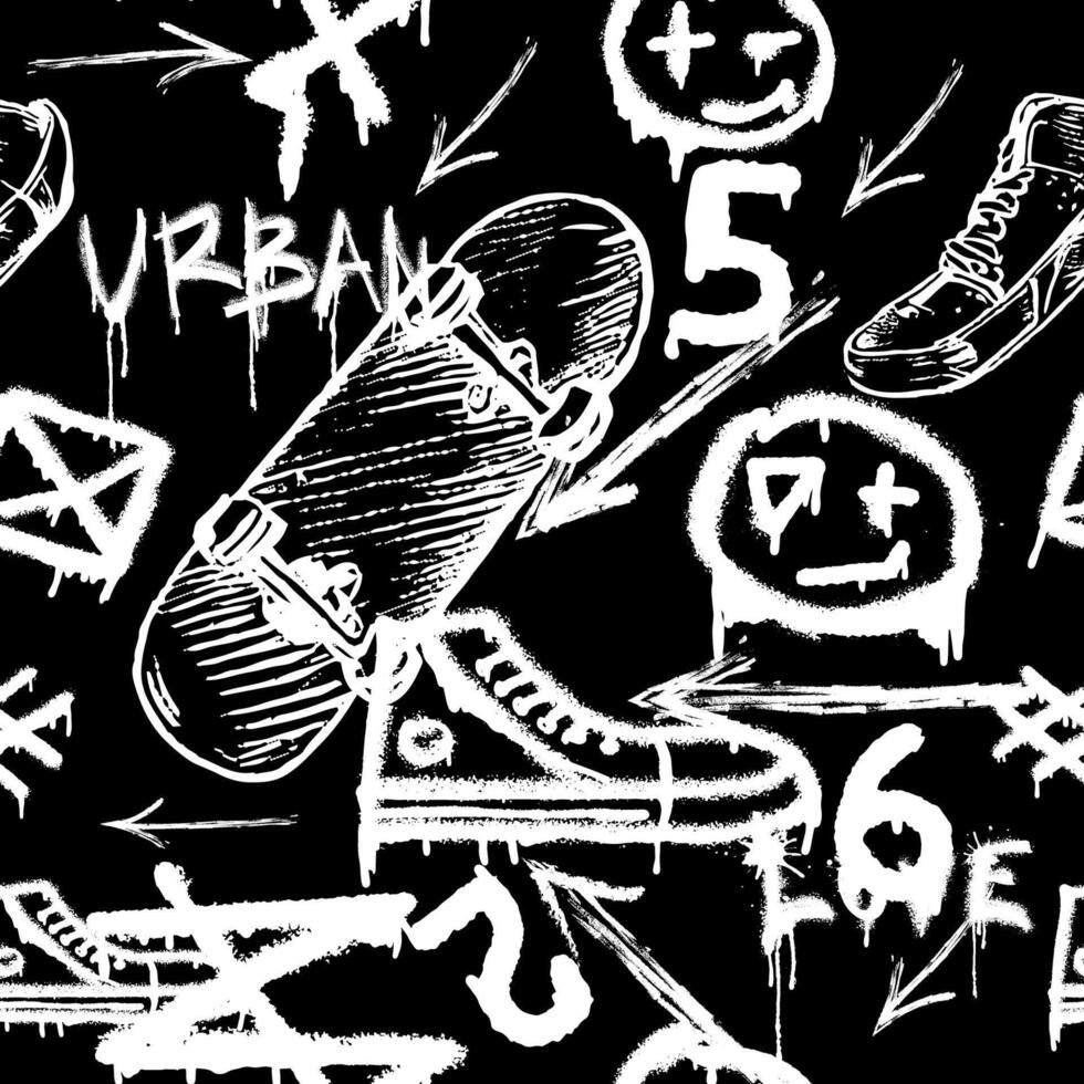 Seamless pattern with charcoal graffiti, doodles, punk and skateboards . Pencil drawn icons. vector
