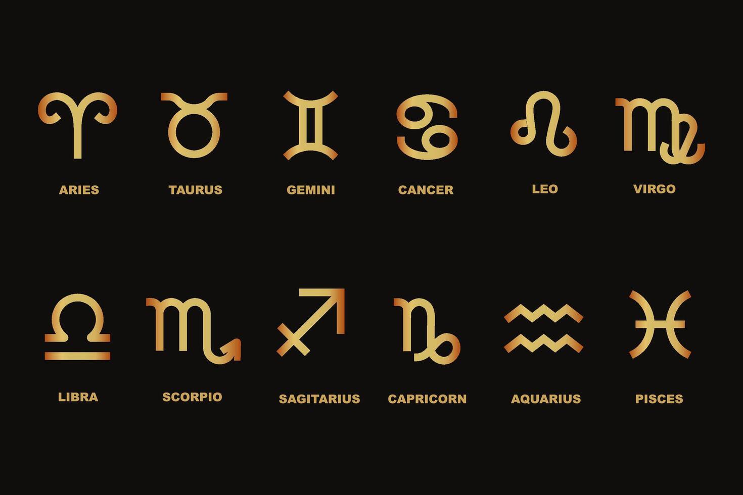 Twelve zodiac signs, gold monochromatic color on dark background, set. Symbols with names for horoscope. vector