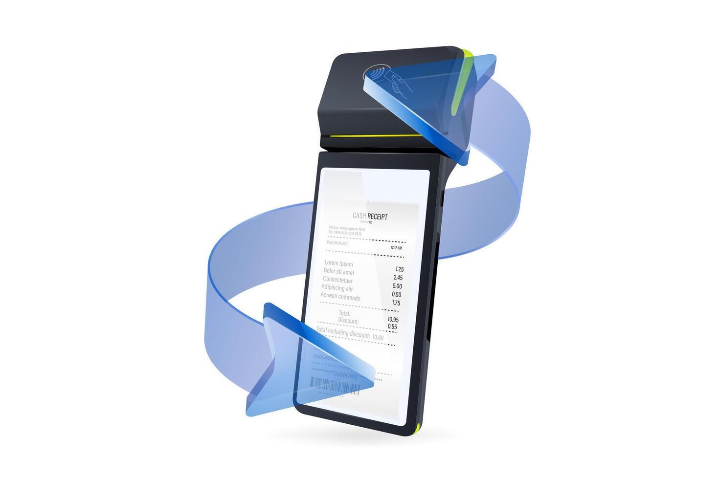 Realistic Payment machine with arrows. POS terminal close-up on white background. Design template for bank payment terminal, Mockup. vector
