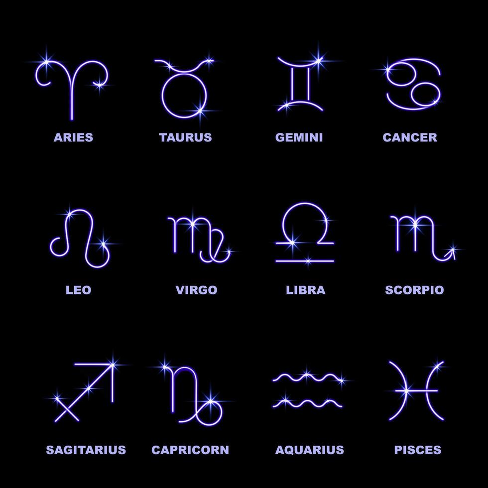 Set of zodiac signs with blue neon effect and inscription. vector