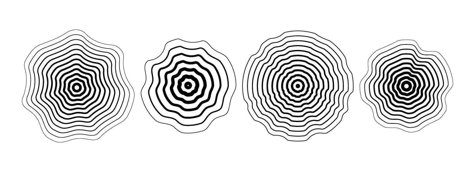 Black concentric rippled circle set. Dotted and dashed round sound wave collection. Epicenter, target, radar, sonar icon concept. Ripple halftone radial radio signal or vibration element pack vector