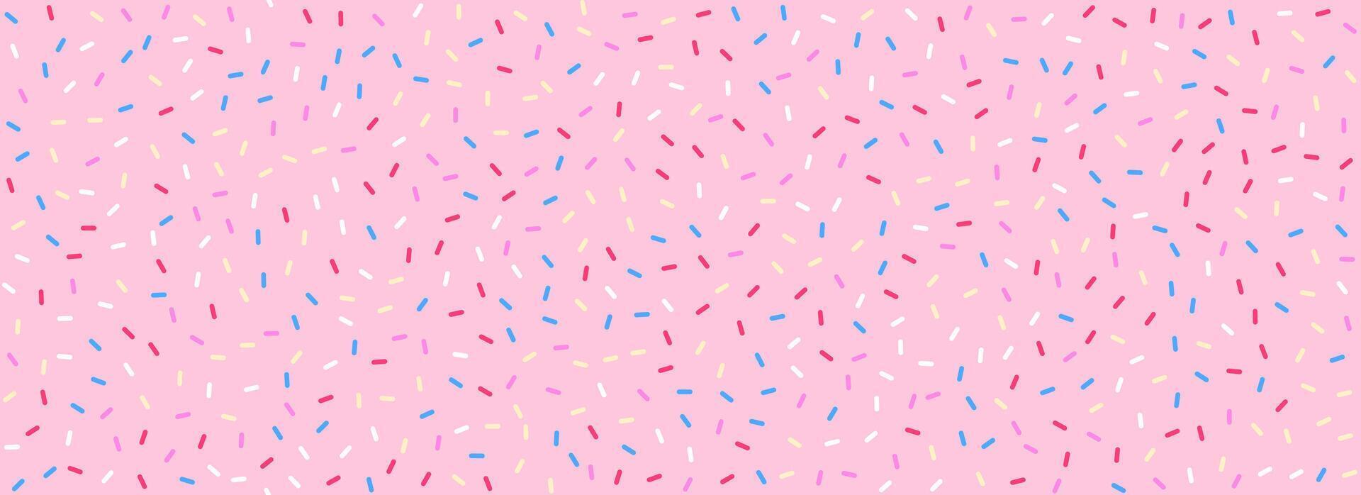 Colorful donut sprinkles seamless pattern. Strawberry candy cream background. Cake glaze icing overlay for decorative banner, poster, template. Cupcake or ice cream topping texture. vector