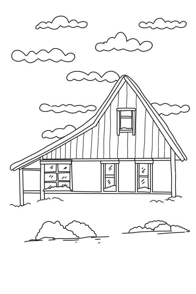Drawing sketch white and black line of wooden house in snow. Nature drawing coloring book vector